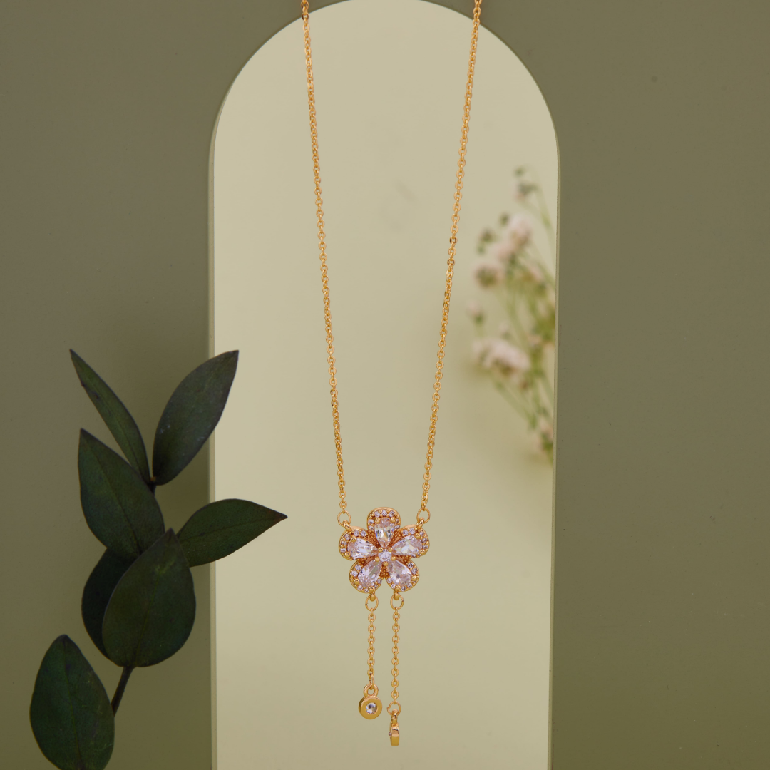 Brilite Crystal Rhinestone and Flower with 18kT Gold Plated Necklace