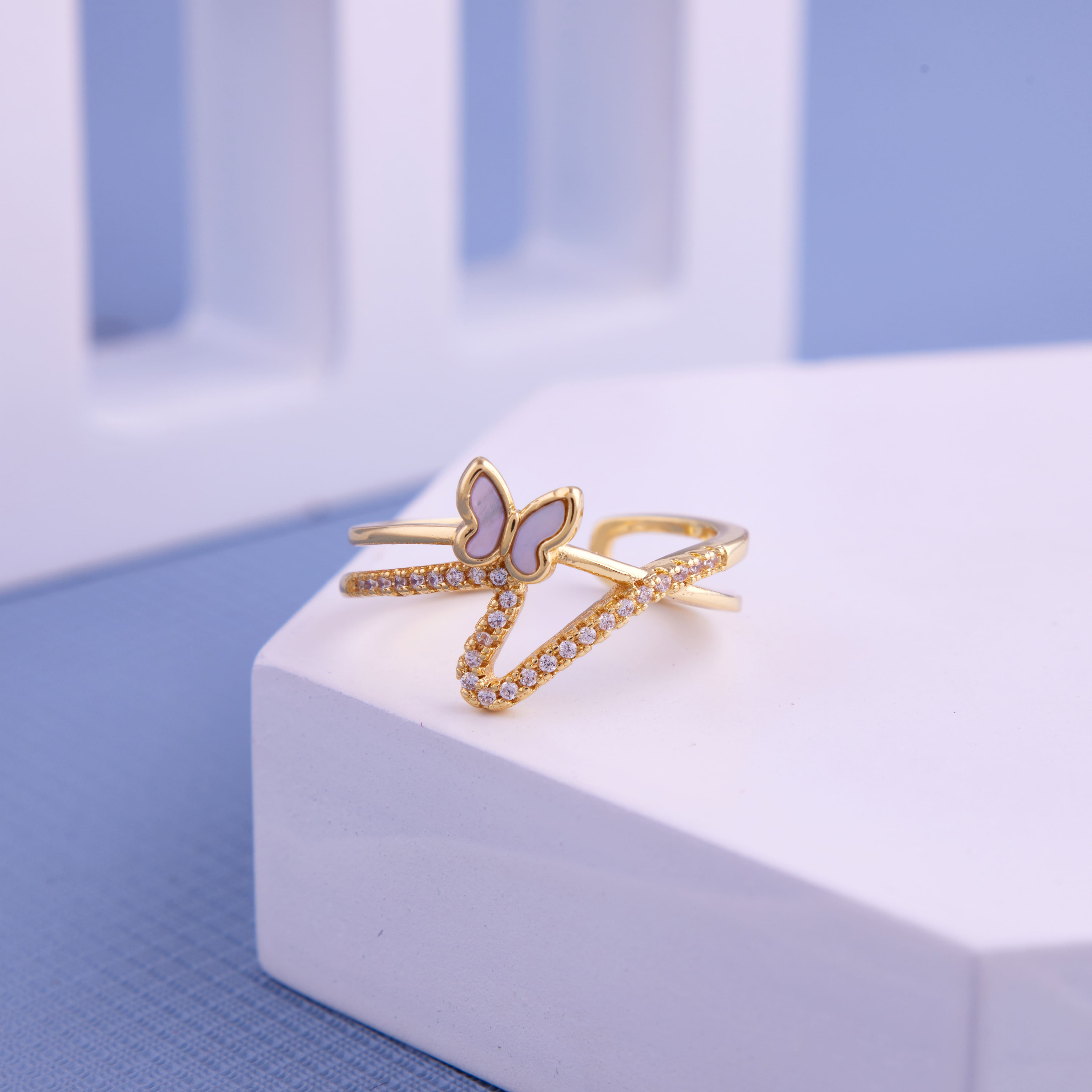 Adjustable Open Butterfly Gold Plated Engagement Rings For Women